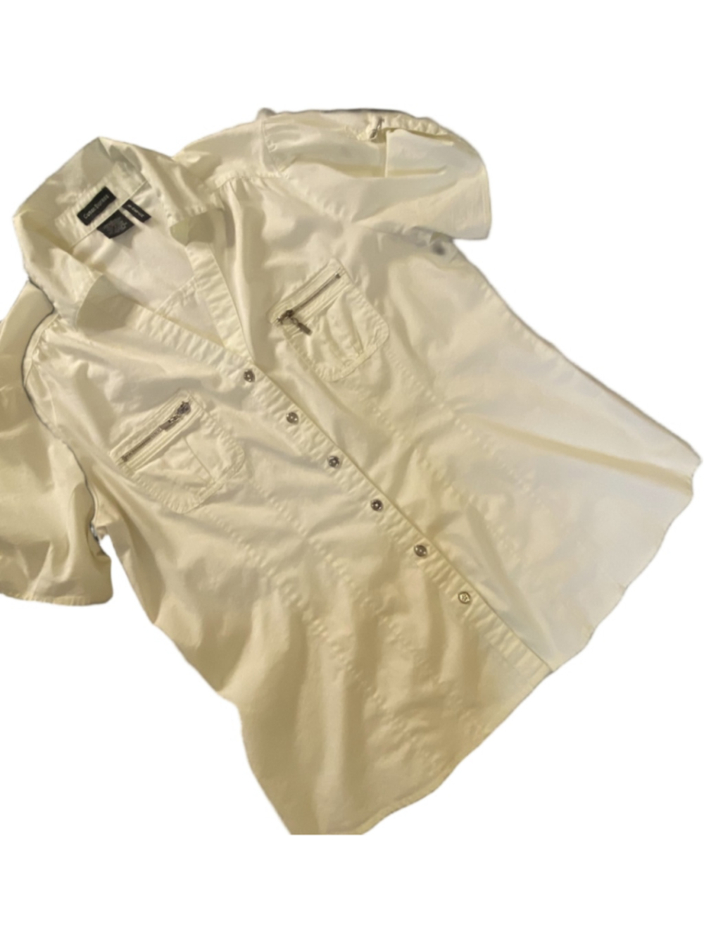 Cotton Express Womens 1X Cream Utility Button Down Zip Pocket Stretch Shirt